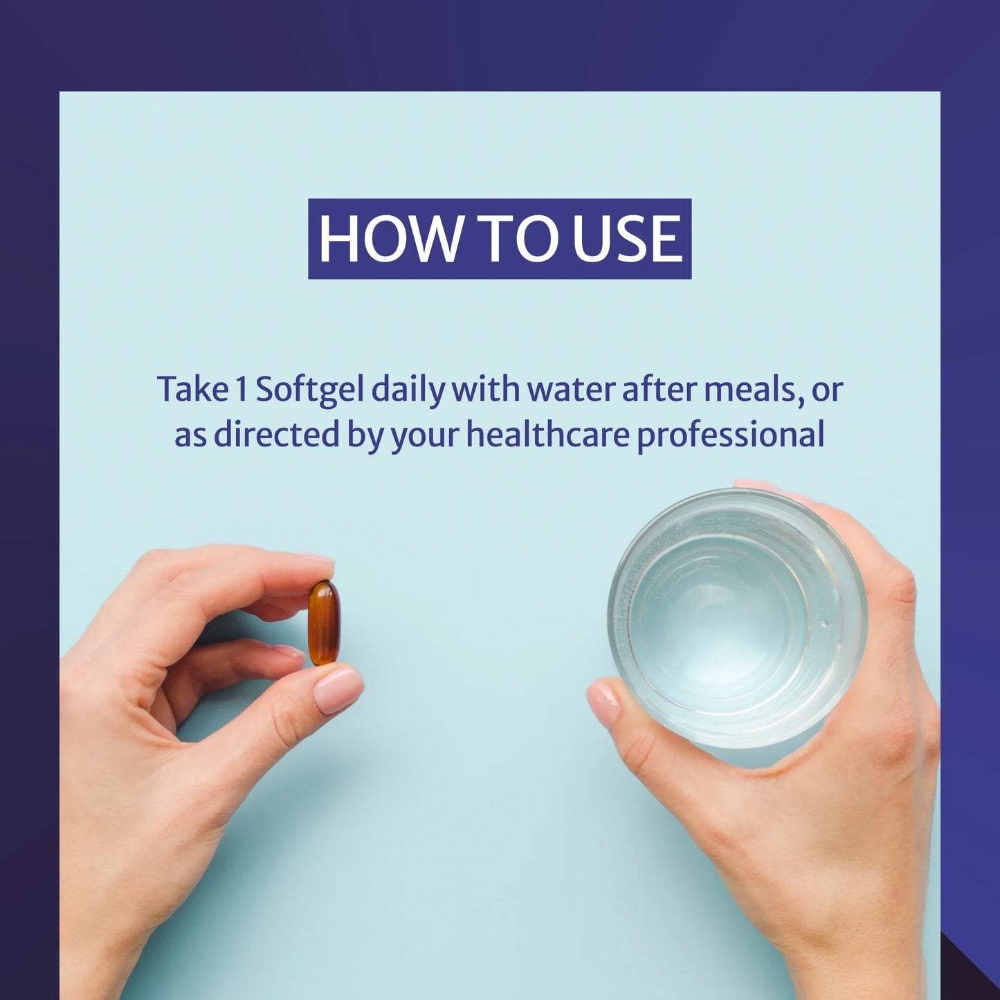 Instruction graphic with the text 'HOW TO USE Energybest Fish oil' and 'Take 1 Softgel daily with water after meals, or as directed by your healthcare professional.' A hand holds a brown softgel capsule on the left, and another hand holds a glass of water on the right, against a light blue background with a dark purple border.