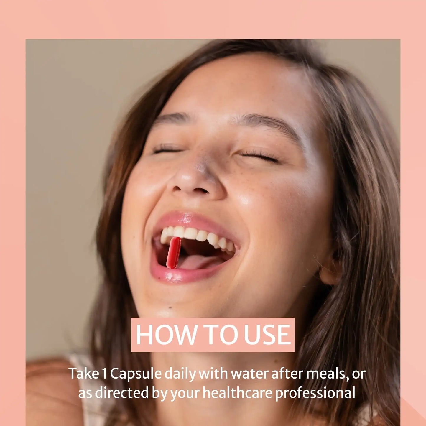 A smiling woman with her eyes closed has a Pregnabest Prenatal red capsule in her open mouth. The image includes a peach border and text that reads 'HOW TO USE' and 'Take 1 Capsule daily with water after meals, or as directed by your healthcare professional.