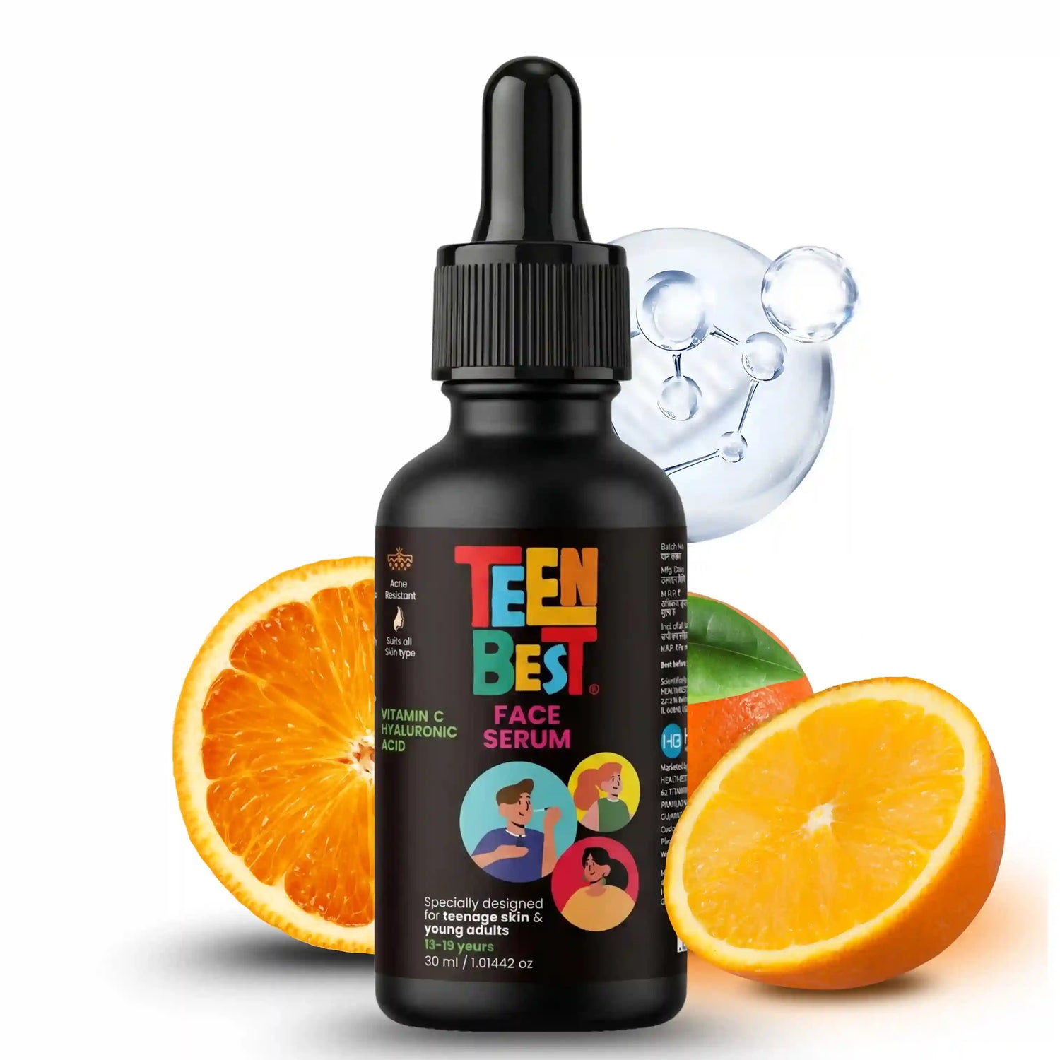 TeenBest face serum with oranges and a droplet on a white background
