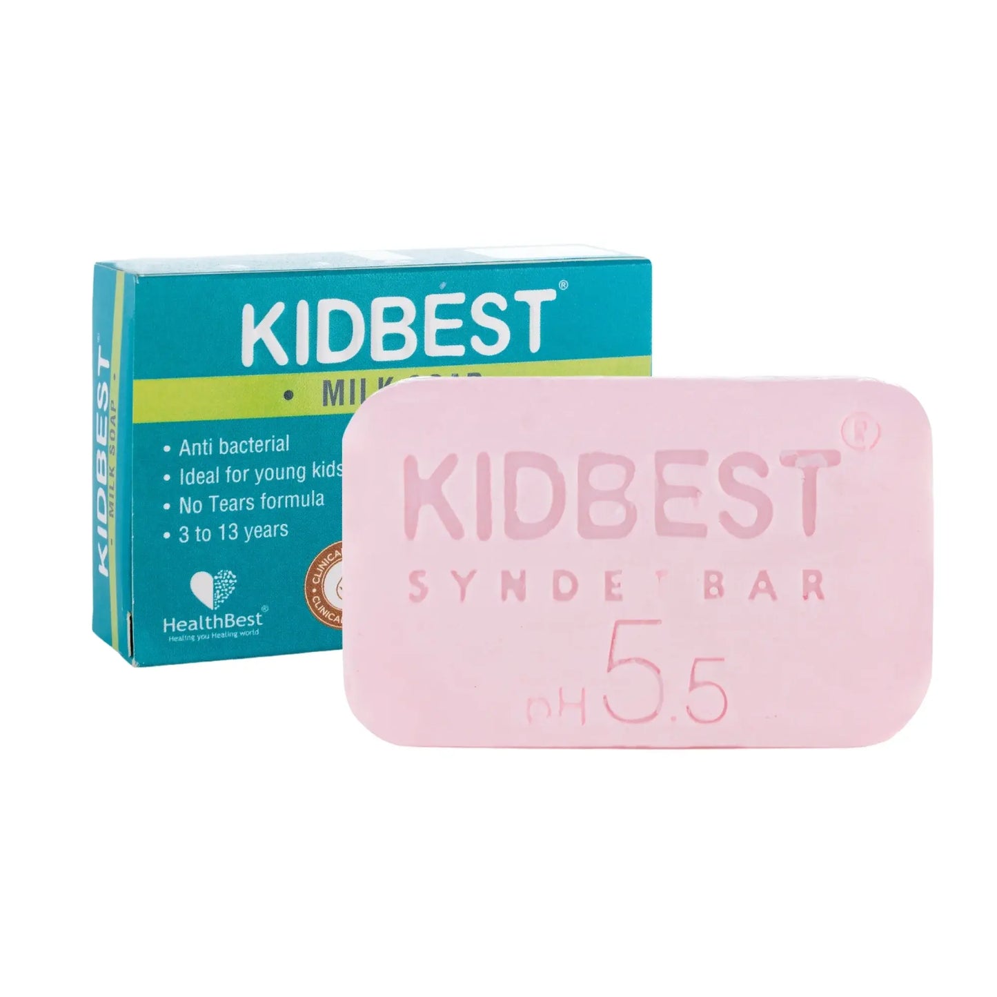 A pink Kidbest Milk Syndet Bar soap in front of its teal and yellow packaging box on a white background.