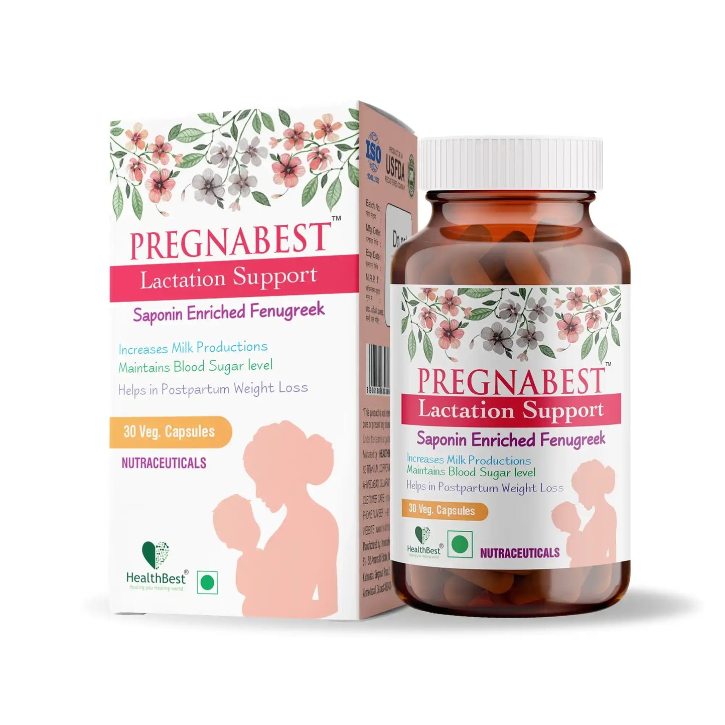 Pregnabest Lactation Support supplement bottle and packaging on a white background