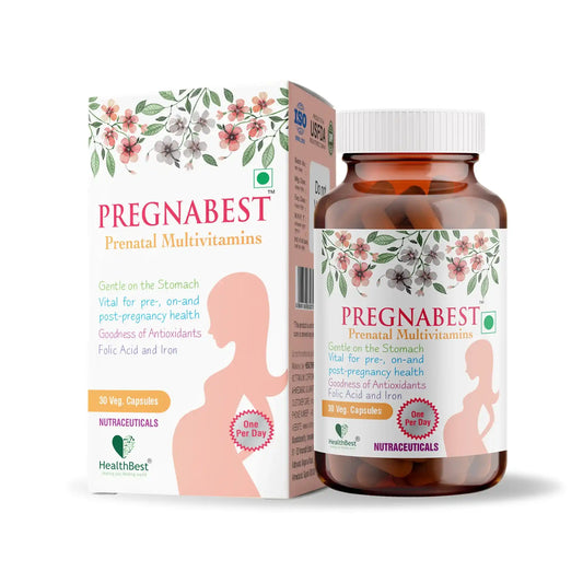 Pregnabest prenatal multivitamins packaging and bottle on a white background