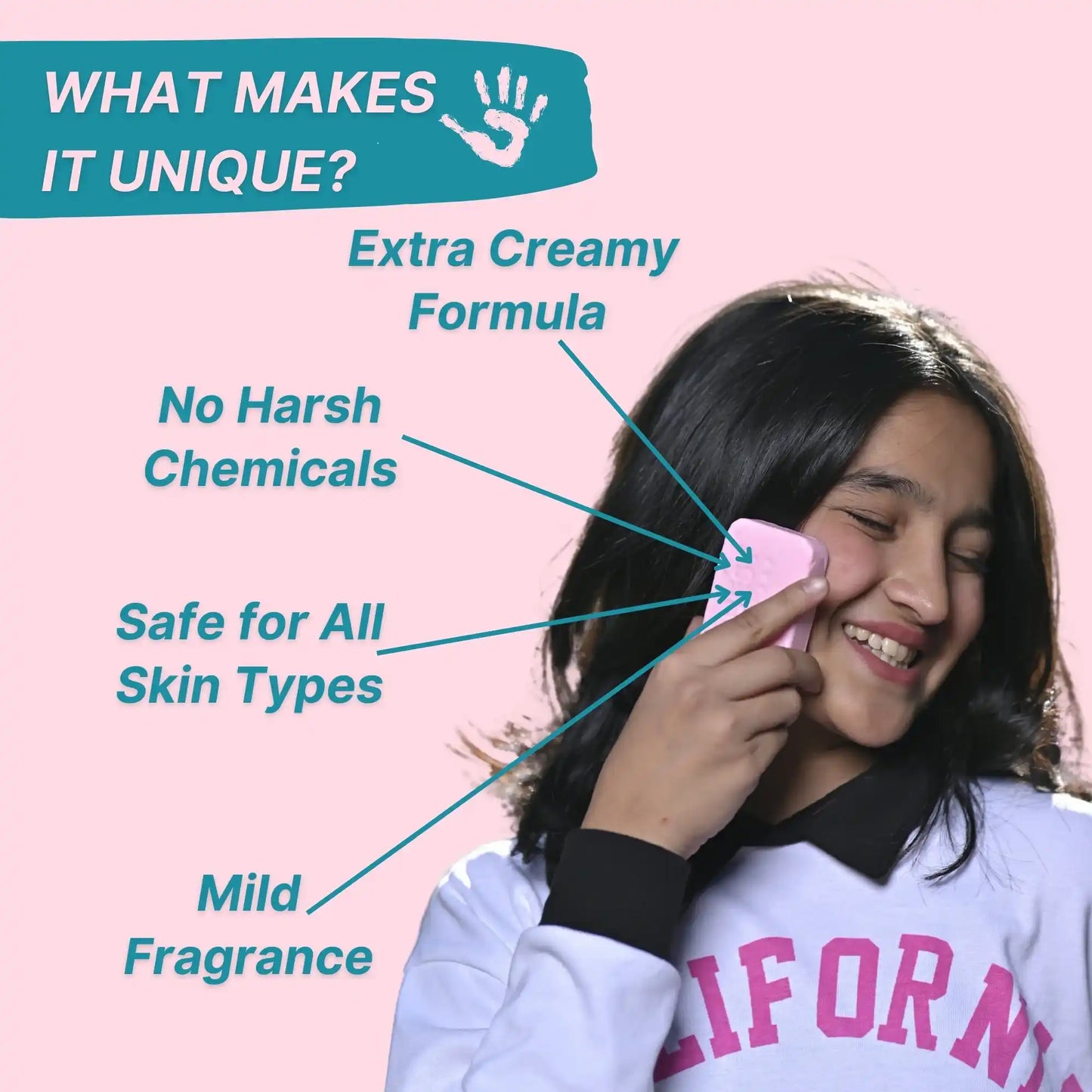 Person applying a Kidbest Milk Syndet Bar soap to their face with text highlighting unique features on a pink background