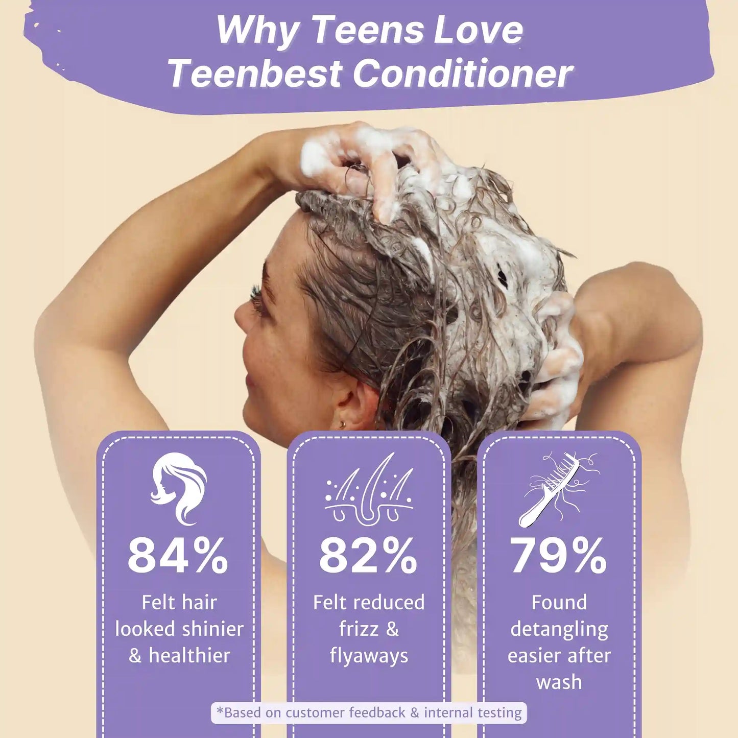 Person applying Teen Hair Conditioner with statistics on benefits on a beige background