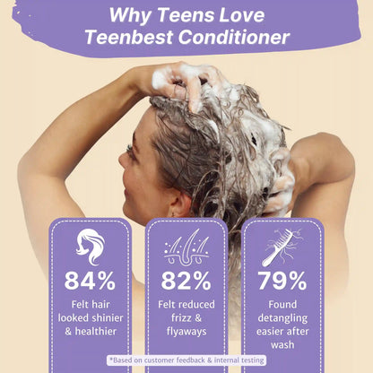 Person applying Teen Hair Conditioner with statistics on benefits on a beige background