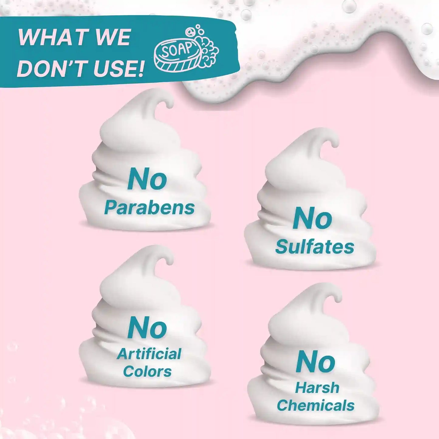 Four swirls of Kidbest Milk Syndet Bar soap with text indicating 'No Parabens', 'No Sulfates', 'No Artificial Colors', and 'No Harsh Chemicals' on a pink background.
