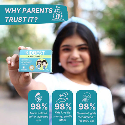 Person holding a box of Kidbest Milk Syndet Bar soap with trust statistics displayed.