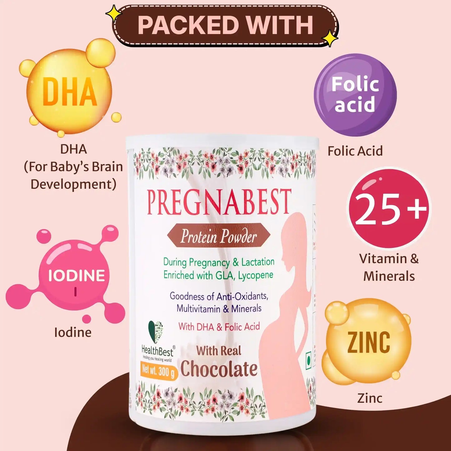 Pregnabest protein powder container with health benefits highlighted on a pink background
