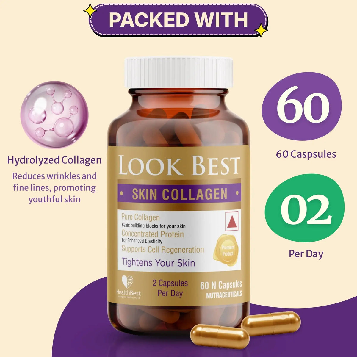 Bottle of LookBest Skin Collagen with capsules on a beige and purple background