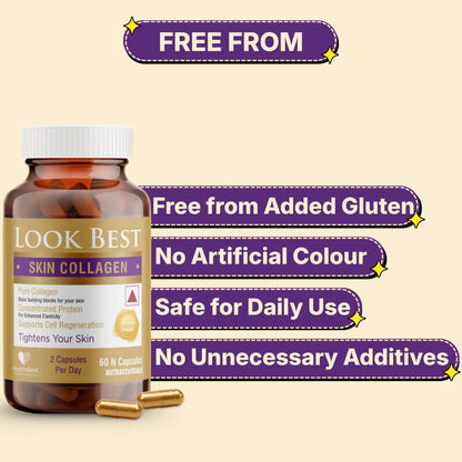 Look Best Skin Collagen supplement bottle with certification labels on a beige background