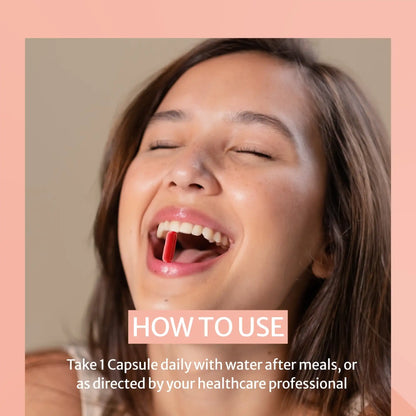 A smiling woman with her eyes closed has a Pregnabest Prenatal red capsule in her open mouth. The image includes a peach border and text that reads 'HOW TO USE' and 'Take 1 Capsule daily with water after meals, or as directed by your healthcare professional.