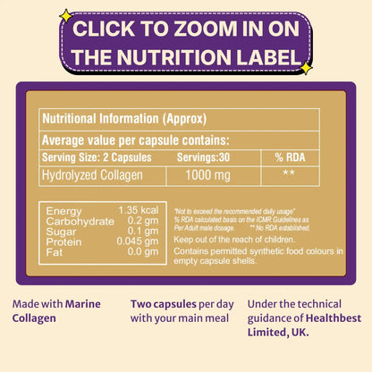 An informational graphic for Lookbest skin collagen capsules with a large purple header reading 'CLICK TO ZOOM IN ON THE NUTRITION LABEL' and a central nutrition facts panel. The panel shows serving size, servings, and hydrolyzed collagen content.