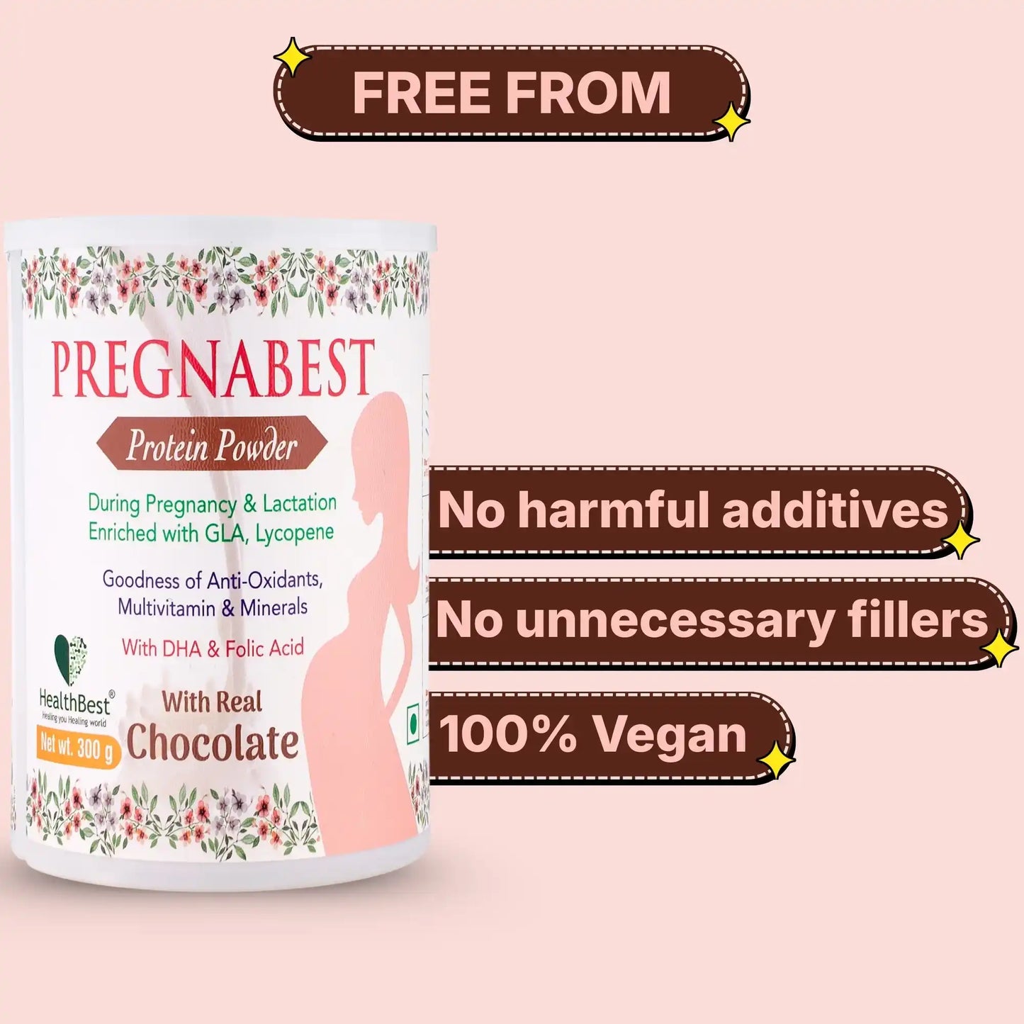 A tub of Pregnabest Protein Powder with Real Chocolate flavor on a light pink background, surrounded by promotional text badges that say 'FREE FROM', 'No harmful additives', 'No unnecessary fillers', and '100% Vegan'.