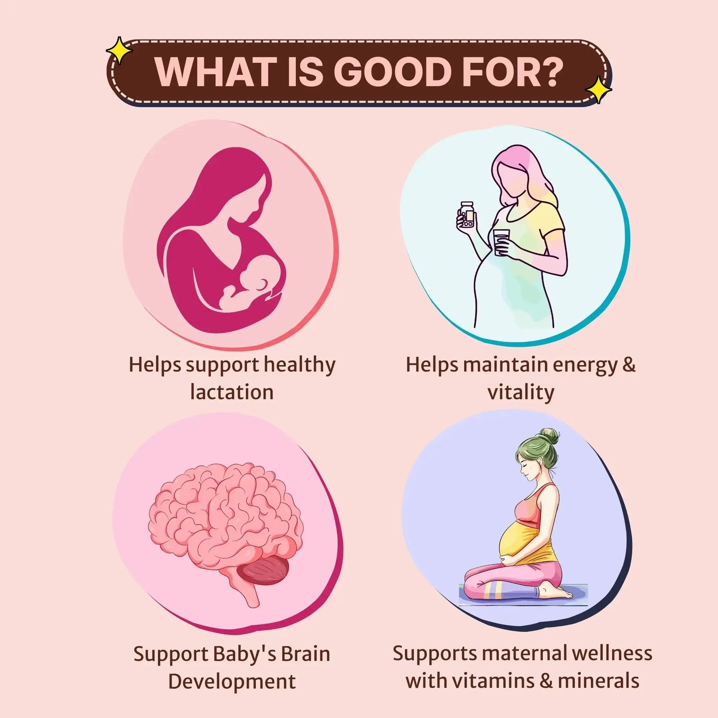 Pregnancy protein powder benefits: illustrations of a pregnant woman, brain, and vitamins with text on a pink background.