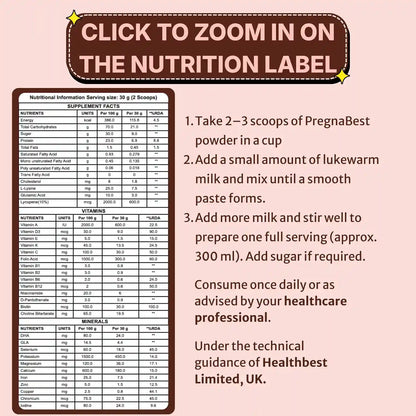 An informational graphic on a pale pink background with a large brown banner reading 'CLICK TO ZOOM IN ON THE NUTRITION LABEL' and a nutrition facts label shown on the left. Text on the right explains how to prepare PregnaBest powder: two to three scoops in a cup, mixed with lukewarm milk, and more milk added to make one full serving.