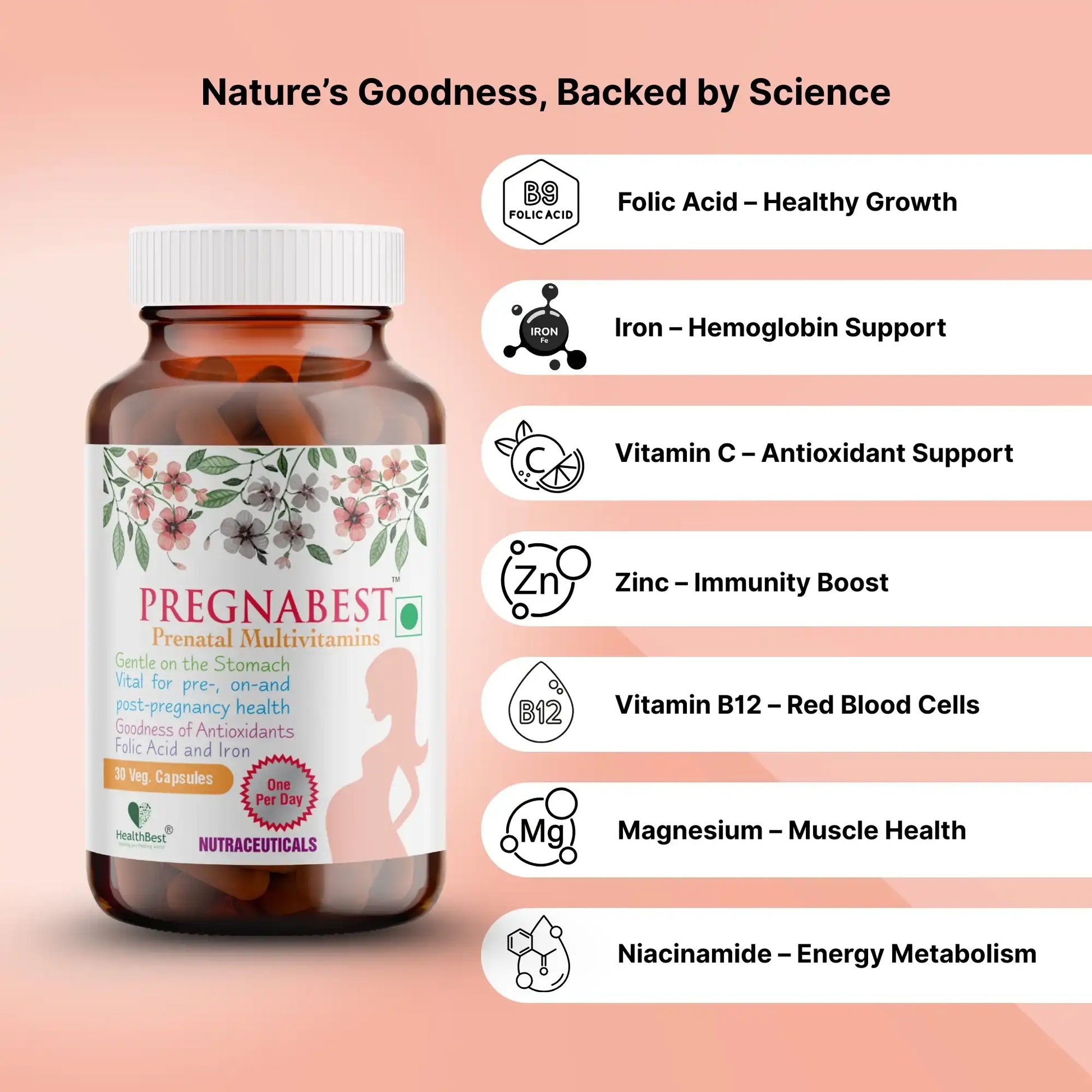 Pregnabest prenatal multivitamin supplement bottle by Nutracienticals, shown on a peach-pink background with feature callouts for folic acid, iron, vitamin C, zinc, B12, magnesium, and niacinamide.