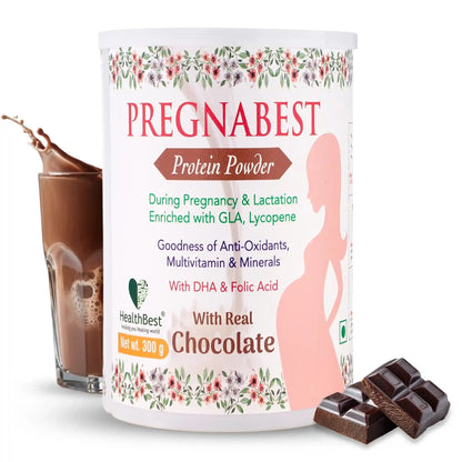 Pregnancy protein powder container with chocolate flavor on a white background