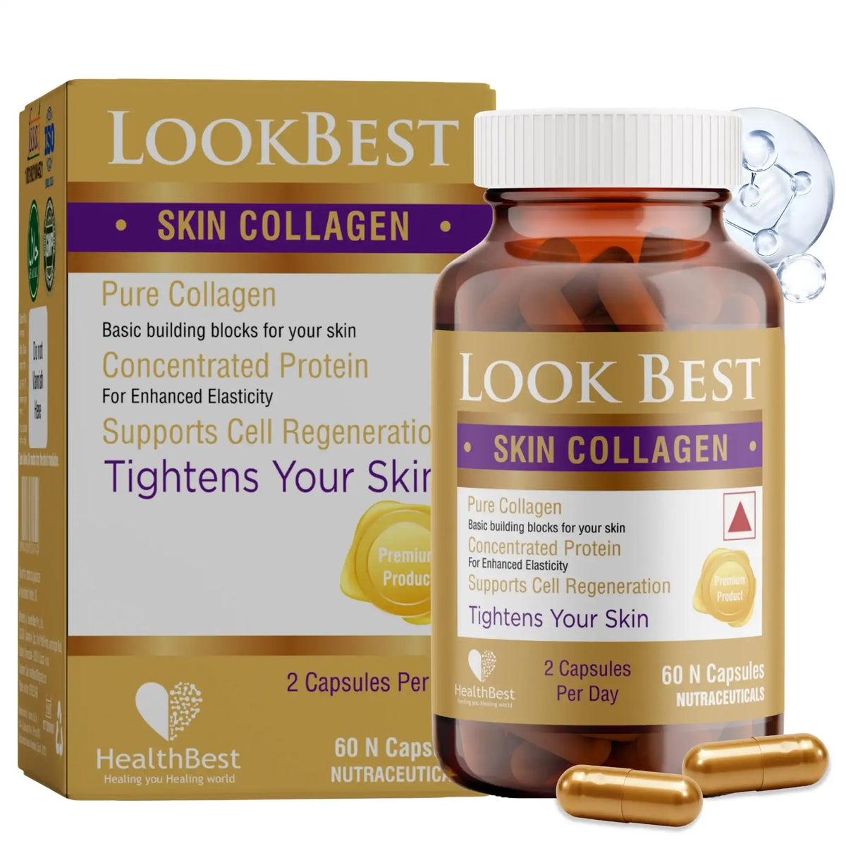 LookBest Skin Collagen supplement bottle and packaging on a white background