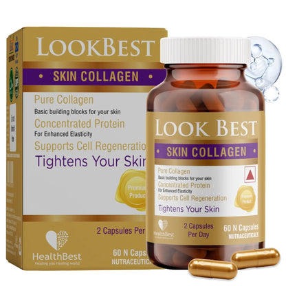 LookBest Skin Collagen supplement bottle and packaging on a white background