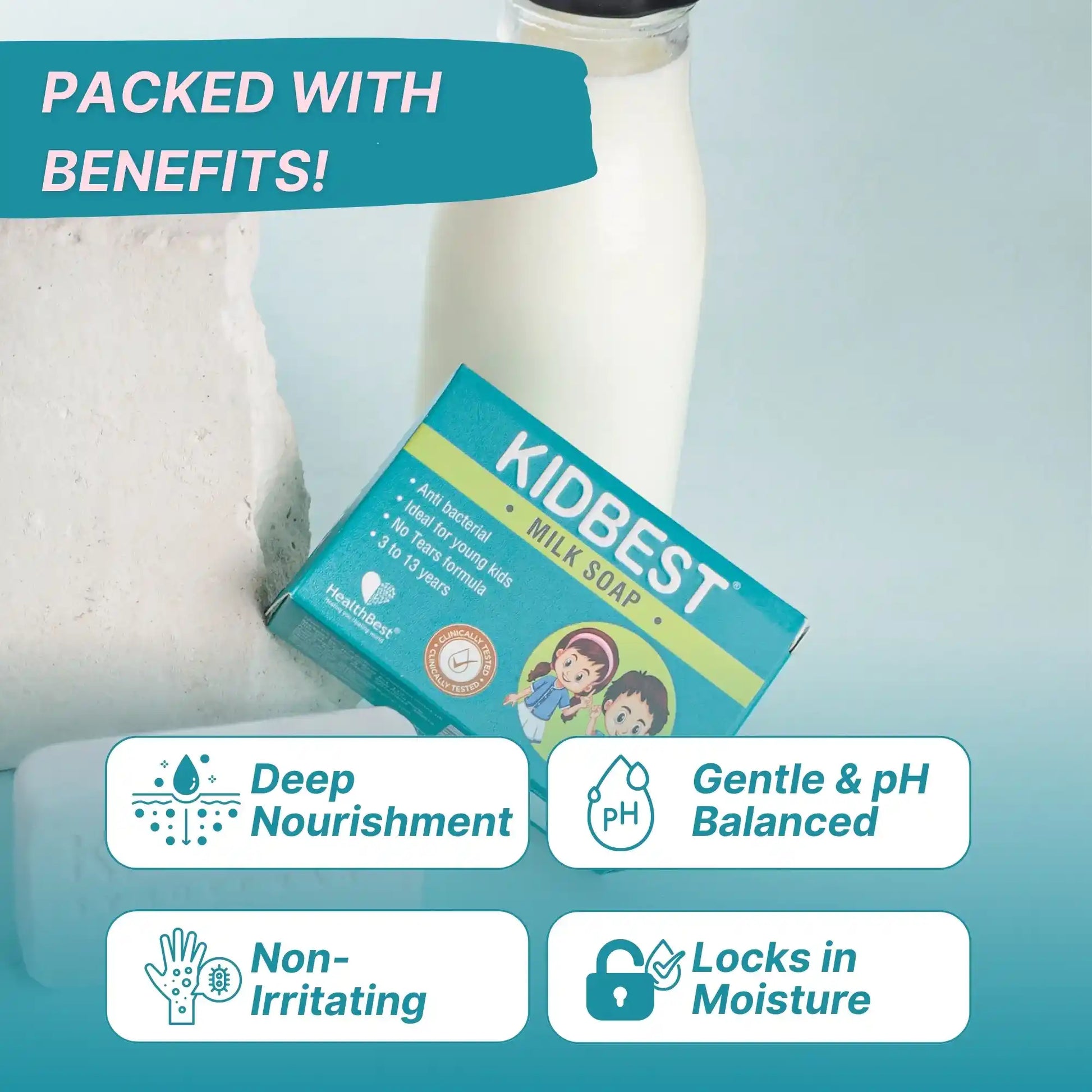 Kidbest Milk Syndet Bar soap packaging with product features on a light blue background
